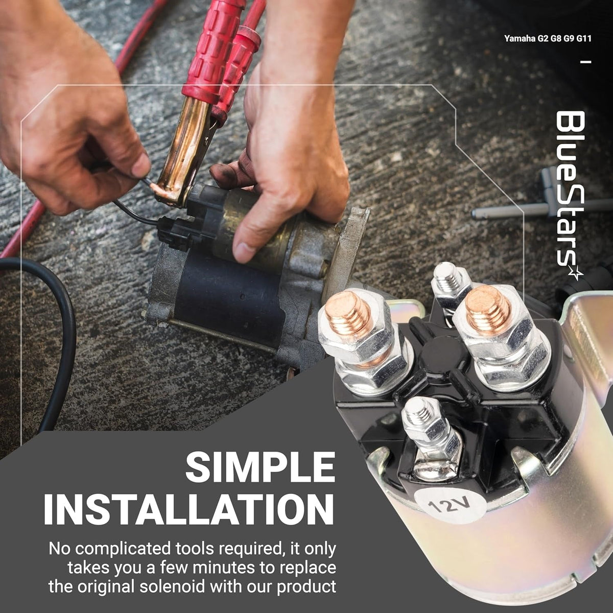 12V 4-terminal starter solenoid for Yamaha gas golf carts shown with installation graphic.