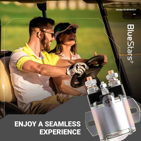 12V 4-terminal starter solenoid for Yamaha gas golf carts, shown in a promotional lifestyle graphic.