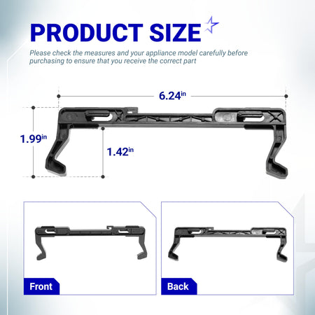 Dimensional diagram of 5304522796 microwave door latch showing front and back views with measurements.