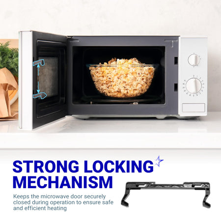 Microwave door latch replacement part shown with a diagram of its locking mechanism on an open microwave door.
