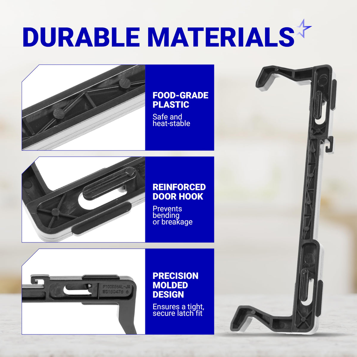 Infographic showing durable material features of the 5304522796 microwave door latch with close-up detail shots.