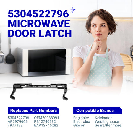 5304522796 microwave door latch replacement part shown with compatible brands and part numbers.