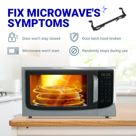 Infographic showing 5304522796 microwave door latch symptoms and compatibility for repair.