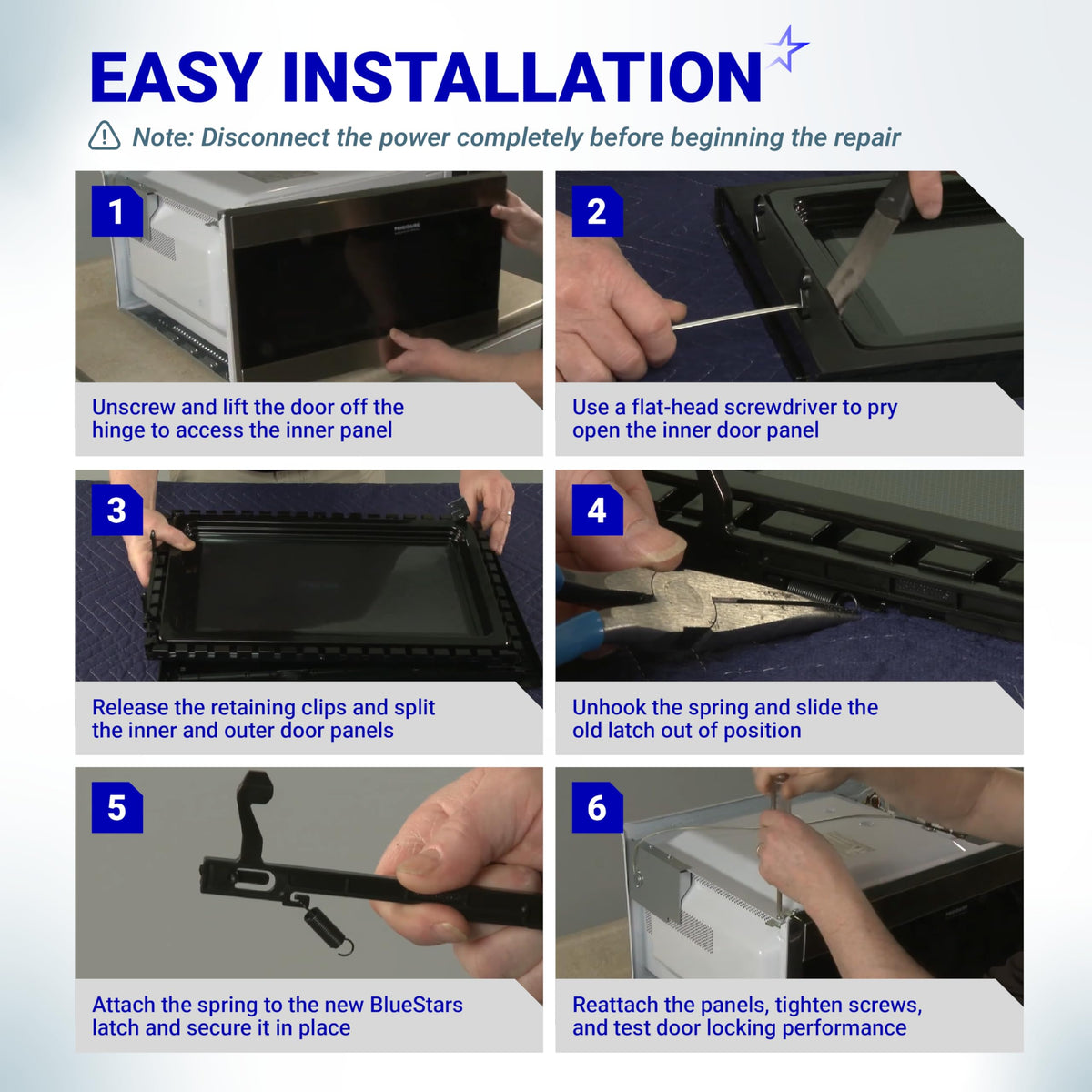 Six-step installation guide for 5304522796 microwave door latch replacement on Frigidaire and compatible appliances.