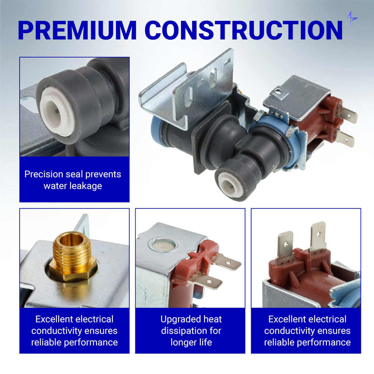 Collage showing construction details of WPW10498976 refrigerator ice maker water inlet valve with seals and terminals.