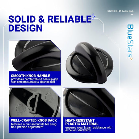 Features and design details of the SCV700-CH-BR control knob showing handle, back buckle, and durable plastic construction.
