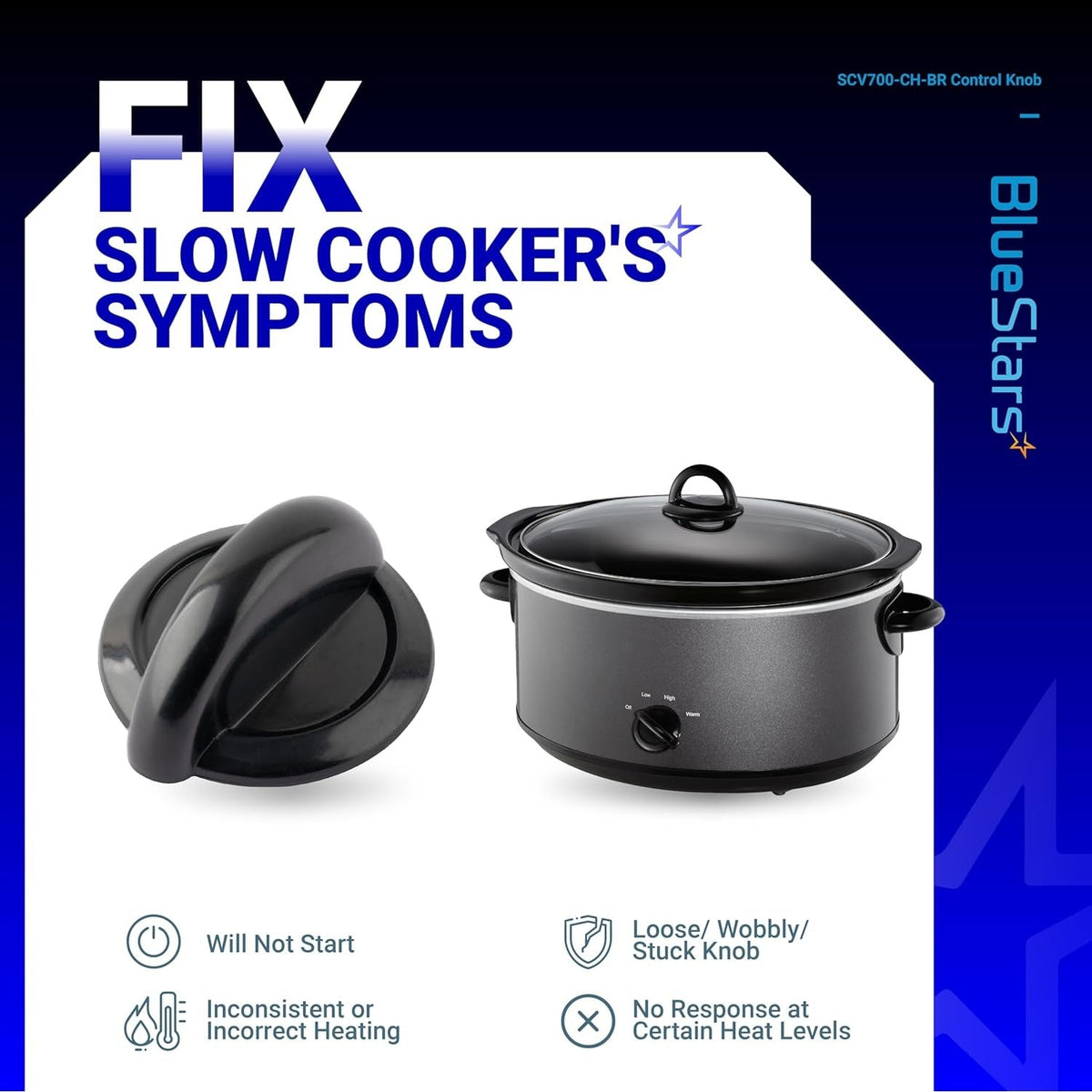SCV700-CH-BR replacement control knob shown with a compatible slow cooker to fix heating and knob issues.