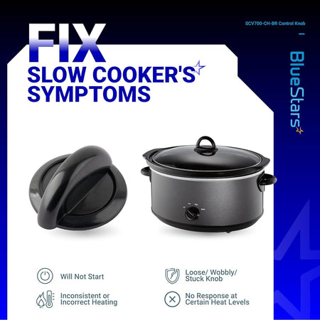 SCV700-CH-BR replacement control knob shown with a compatible slow cooker to fix heating and knob issues.