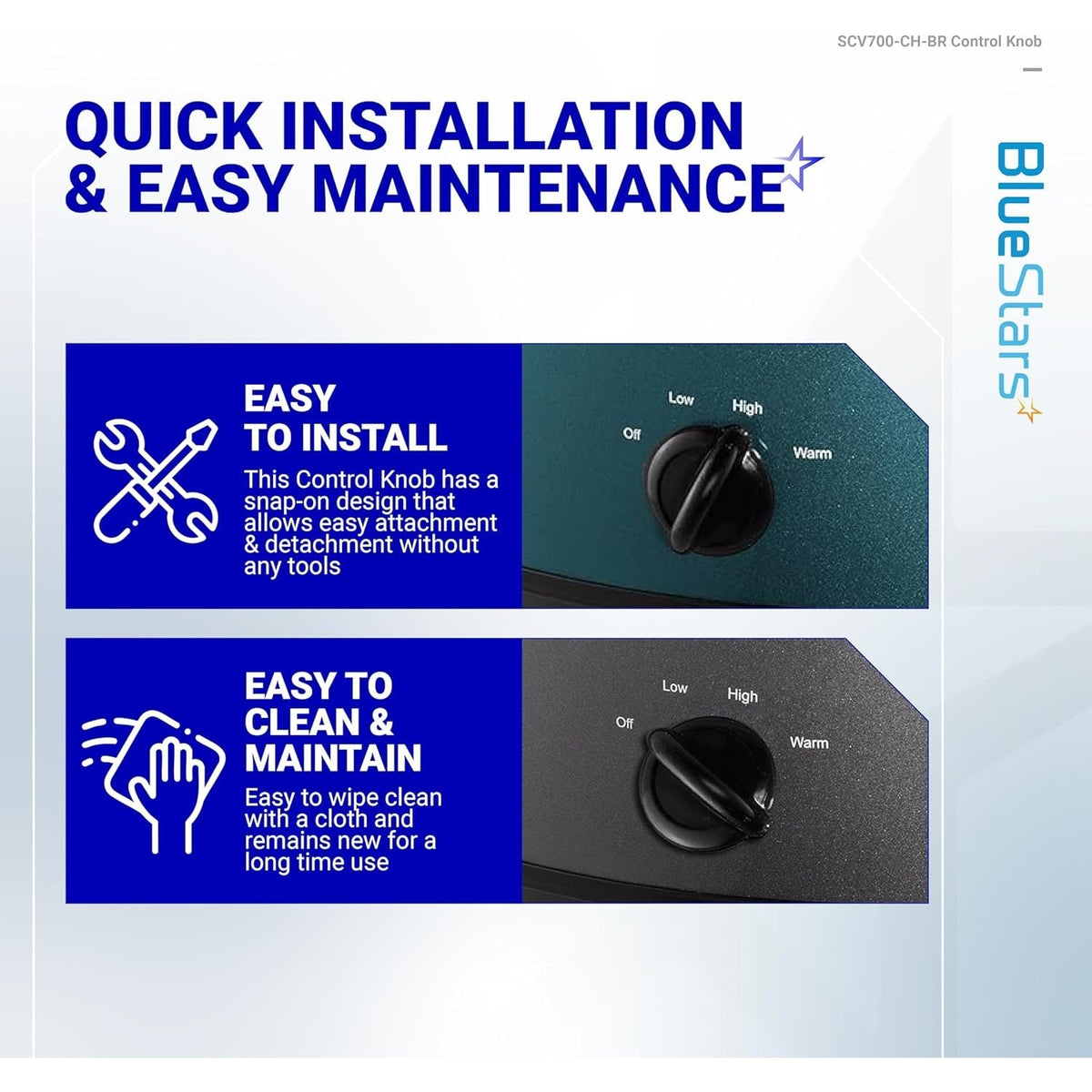 Infographic showing easy installation and maintenance of the SCV700-CH-BR control knob.