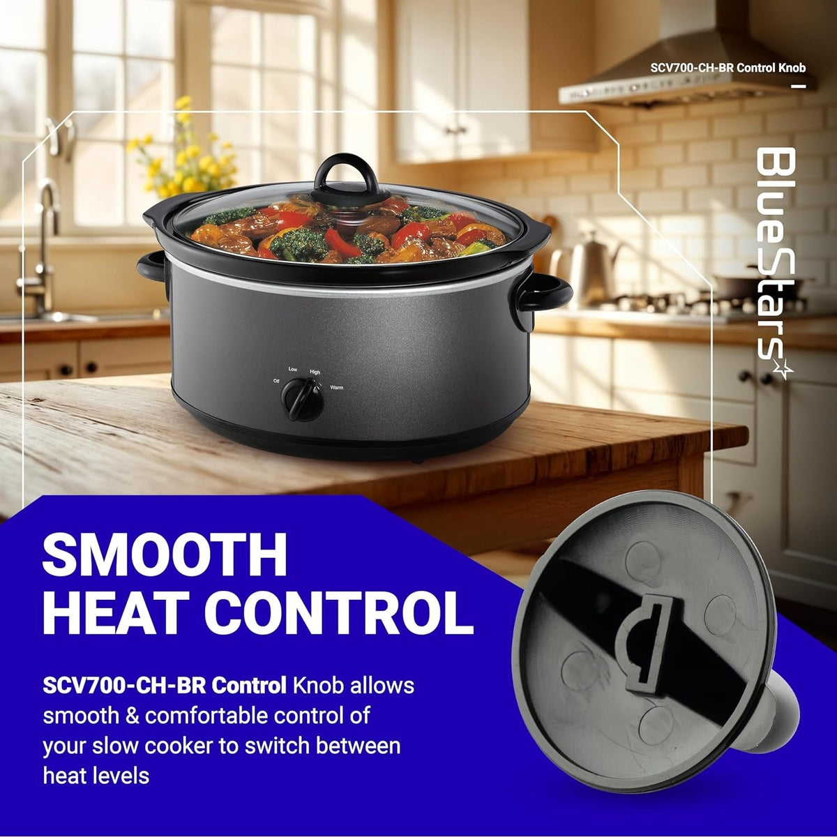 SCV700-CH-BR control knob for slow cooker shown in a close-up view with a full slow cooker in the background.
