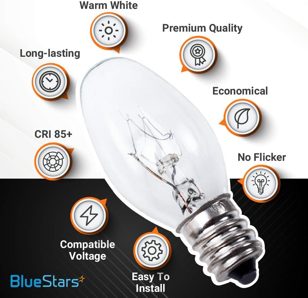 22002263 10W 120V light bulb with infographic highlights for warm white, long-lasting, and premium quality features.