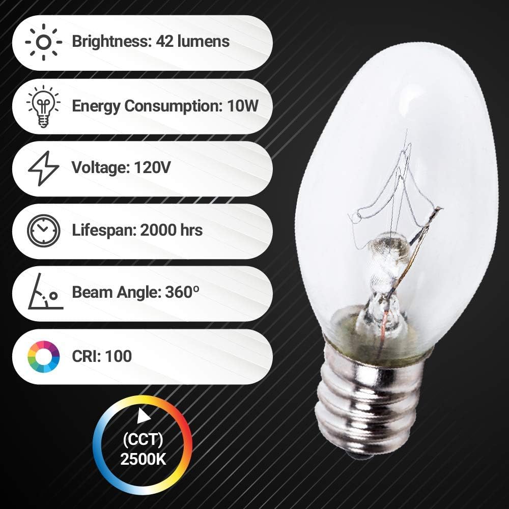 22002263 10W 120V light bulb with technical specifications chart including lumens, lifespan, and color temperature.
