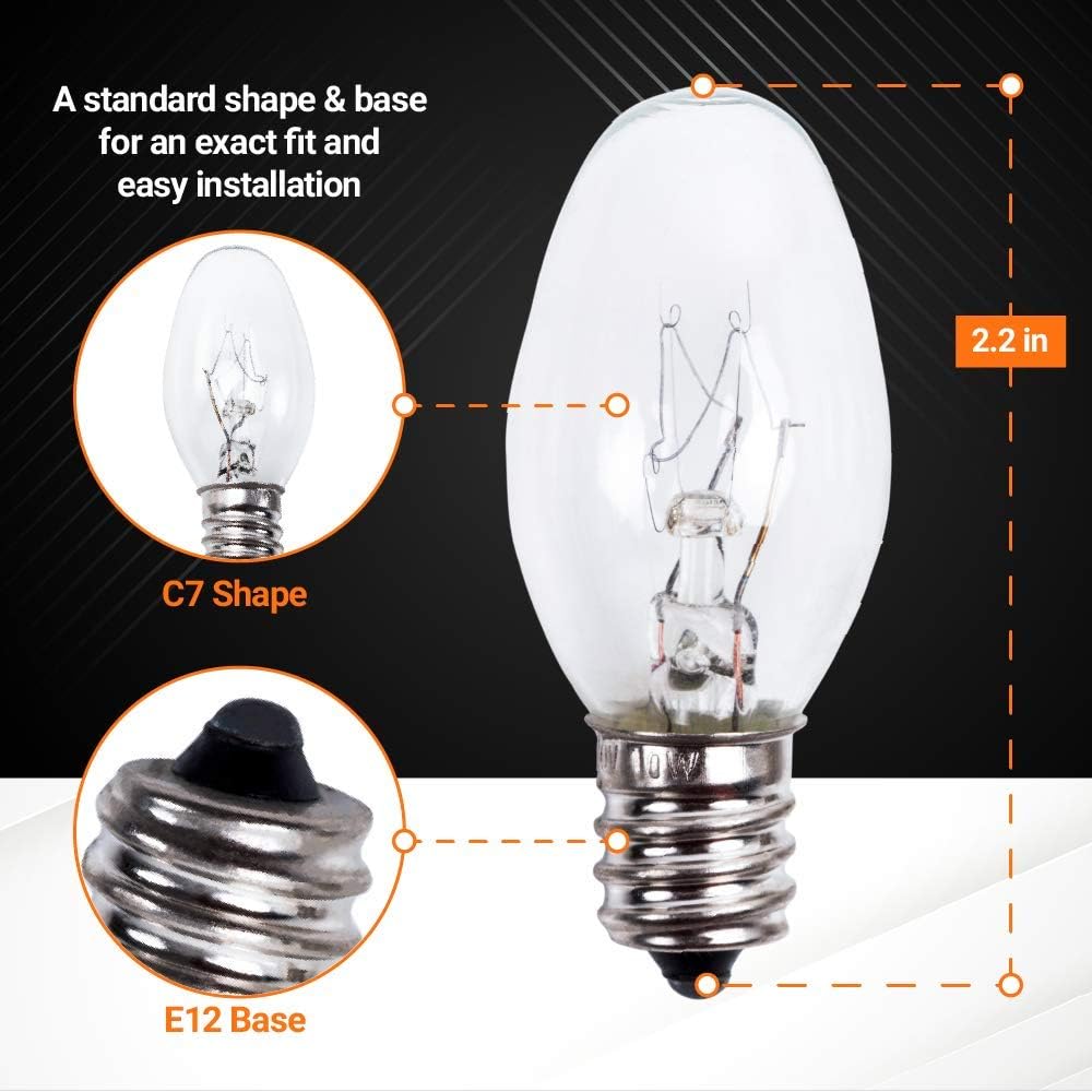 22002263 10W 120V light bulb with C7 shape and E12 base showing dimensions and close-up details.