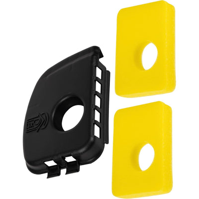Black air cleaner cover and two yellow foam air filters for Briggs & Stratton lawn mower engines.