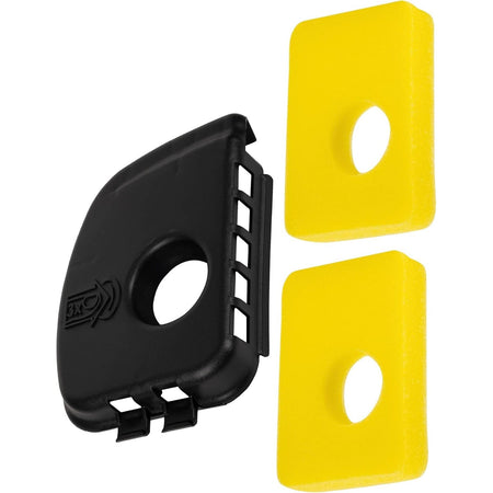 Black air cleaner cover and two yellow foam air filters for Briggs & Stratton lawn mower engines.