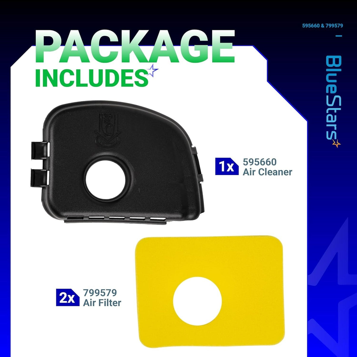595660 air cleaner cover and two 799579 air filters for Briggs & Stratton lawn mower engines.