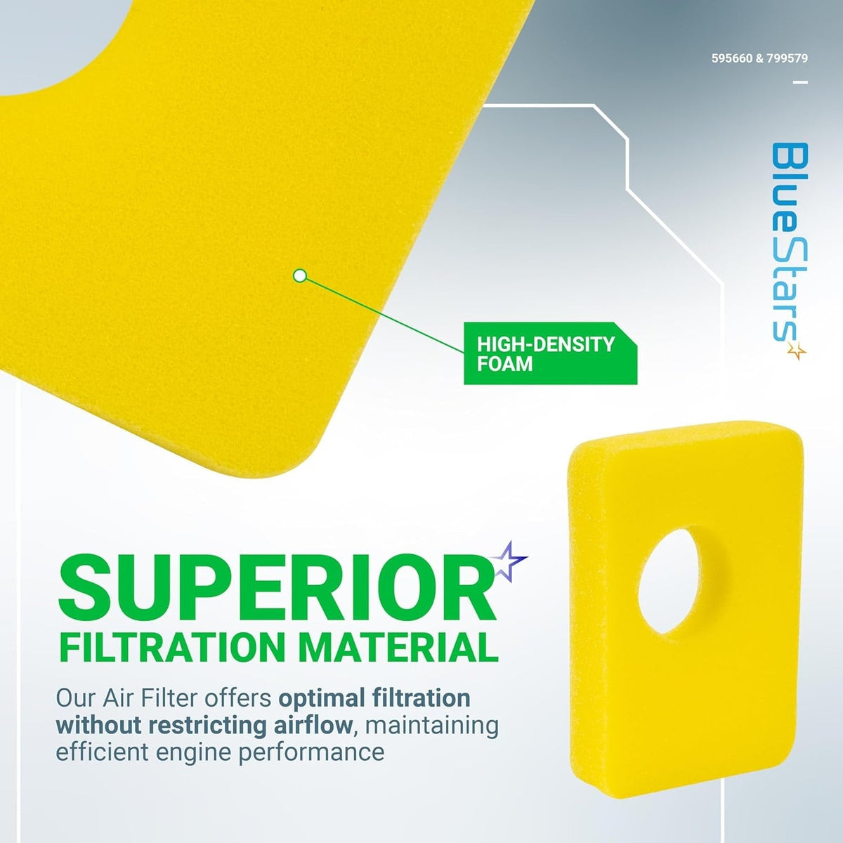 Close-up of high-density foam 799579 air filter for Briggs & Stratton lawn mower engines.