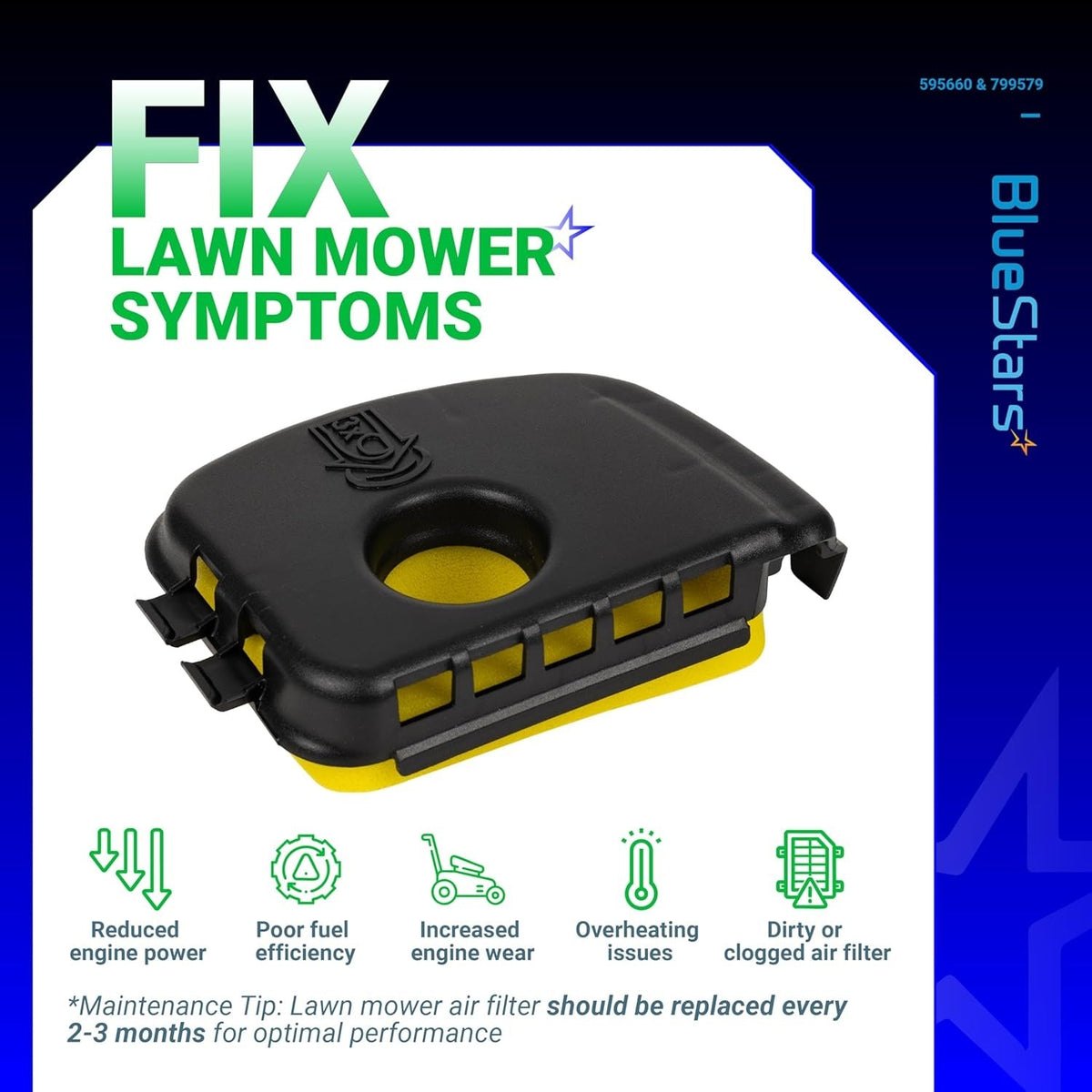 Black air cleaner cover and yellow air filter for Briggs & Stratton lawn mower engines.