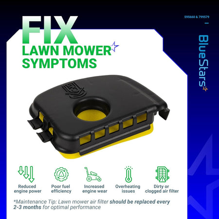 Black air cleaner cover and yellow air filter for Briggs & Stratton lawn mower engines.