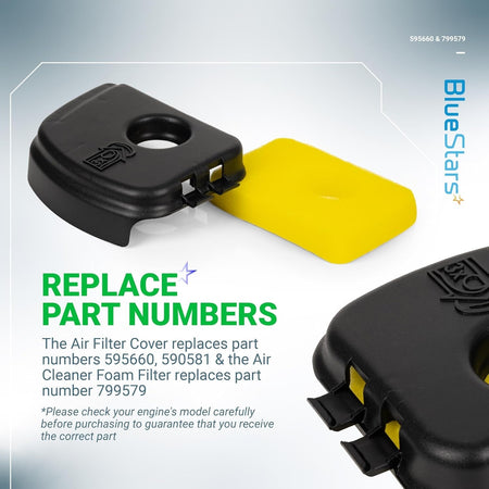 Replacement air cleaner cover 595660 and foam air filter 799579 for Briggs & Stratton lawn mower engines.