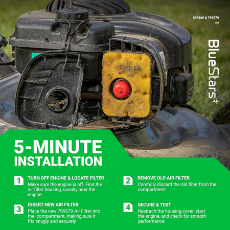 Installation guide showing 595660 air cleaner cover and 799579 air filter on a lawn mower engine.