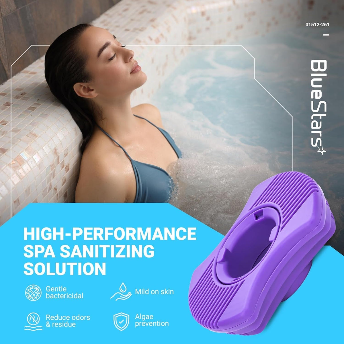 01512-261 purple mineral filter cartridge for Dimension One Spas shown in a lifestyle spa sanitizing advertisement.