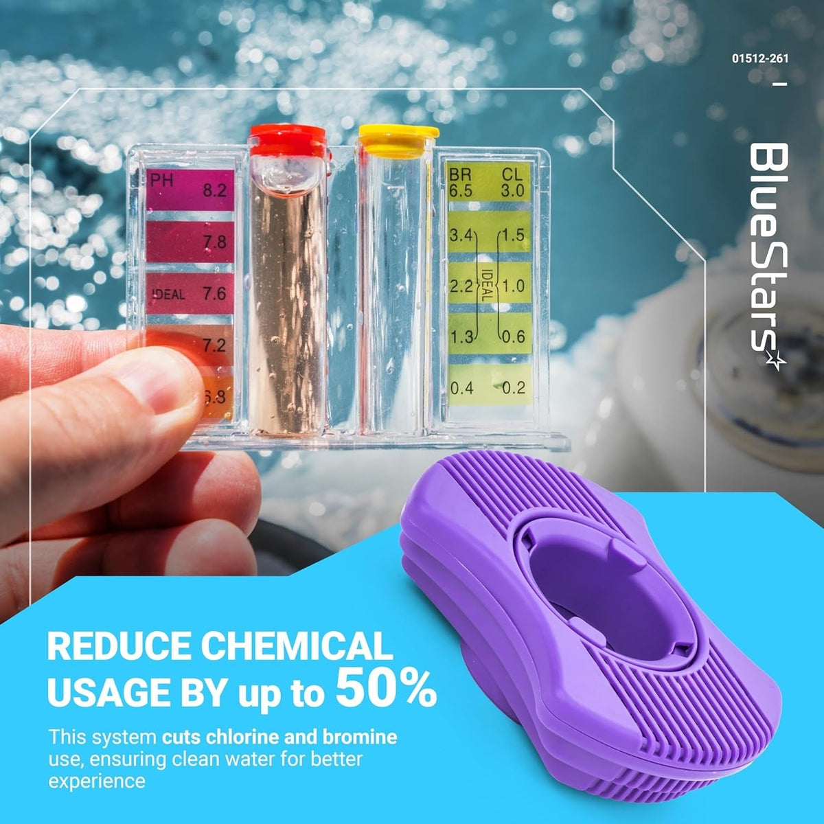 01512-261 purple mineral filter cartridge for Dimension One Spas with water testing kit graphic.