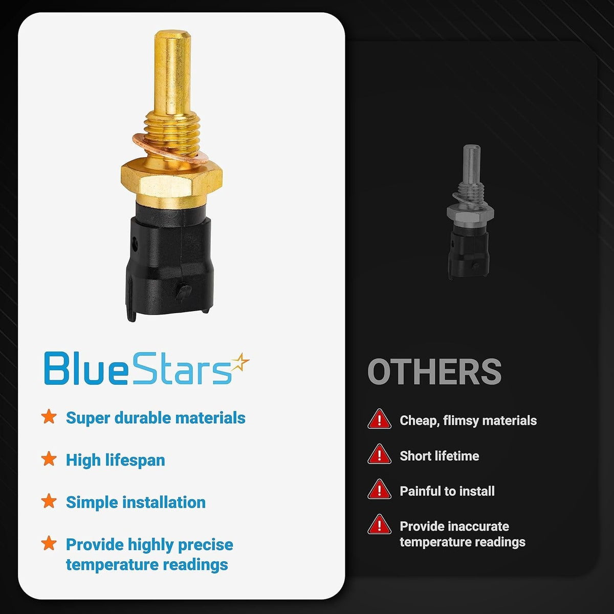 Comparison chart of 213-4777 engine coolant temperature sensor showing durable construction versus inferior alternatives.