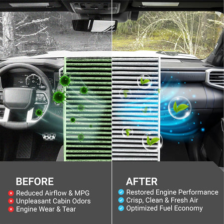 Engine & Cabin Air Filter Combo for Toyota Tundra & Sequoia, before-and-after filter comparison with vehicle interiors