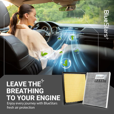 Engine & Cabin Air Filter Combo for Toyota Tundra & Sequoia, filters shown beside a vehicle interior with fresh-air graphics