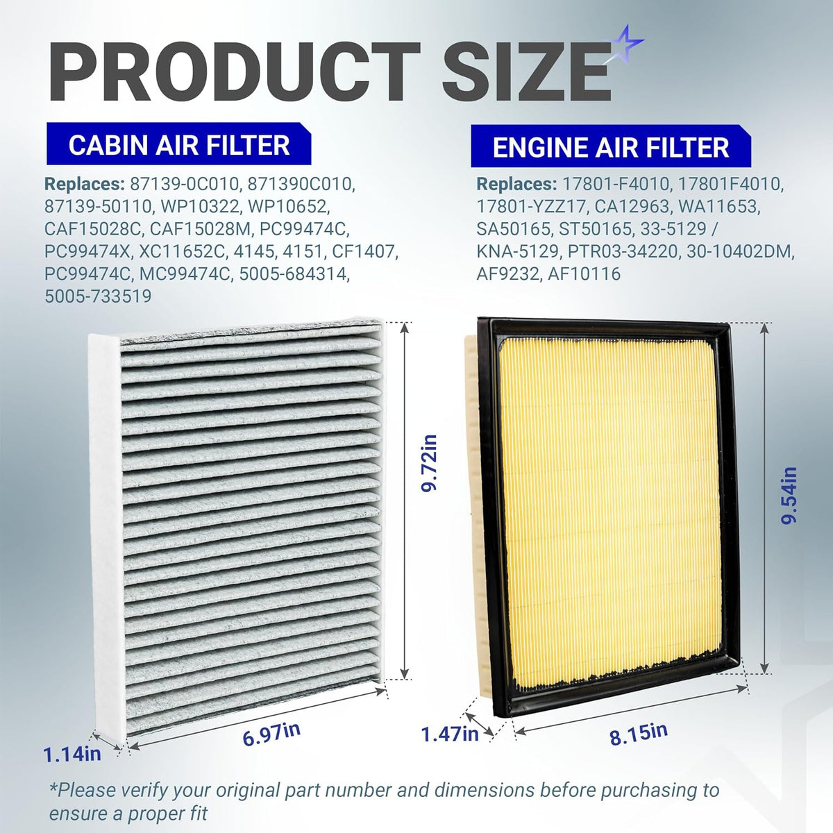 Engine & Cabin Air Filter Combo product size diagram showing cabin and engine filter dimensions and replacement numbers