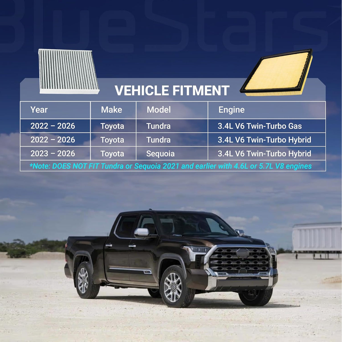 Engine & Cabin Air Filter Combo for Toyota Tundra & Sequoia, fitment chart with filters and Toyota Tundra truck