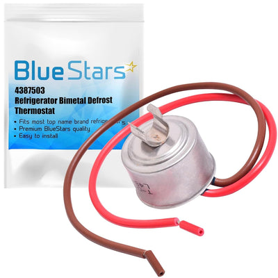 4387503 refrigerator bimetal defrost thermostat with red and brown wires in BlueStars branded packaging.