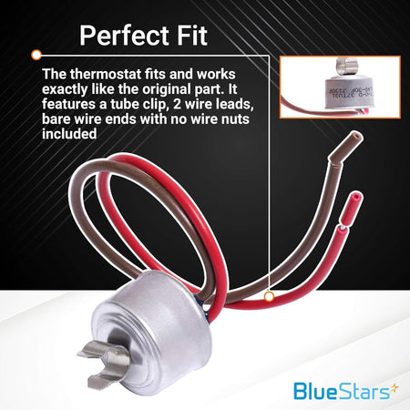 4387503 refrigerator bimetal defrost thermostat with tube clip and two wire leads for Whirlpool and Kenmore.
