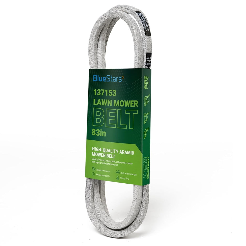 137153 mower drive belt with BlueStars packaging, 83-inch replacement for Craftsman and Husqvarna lawn mowers.