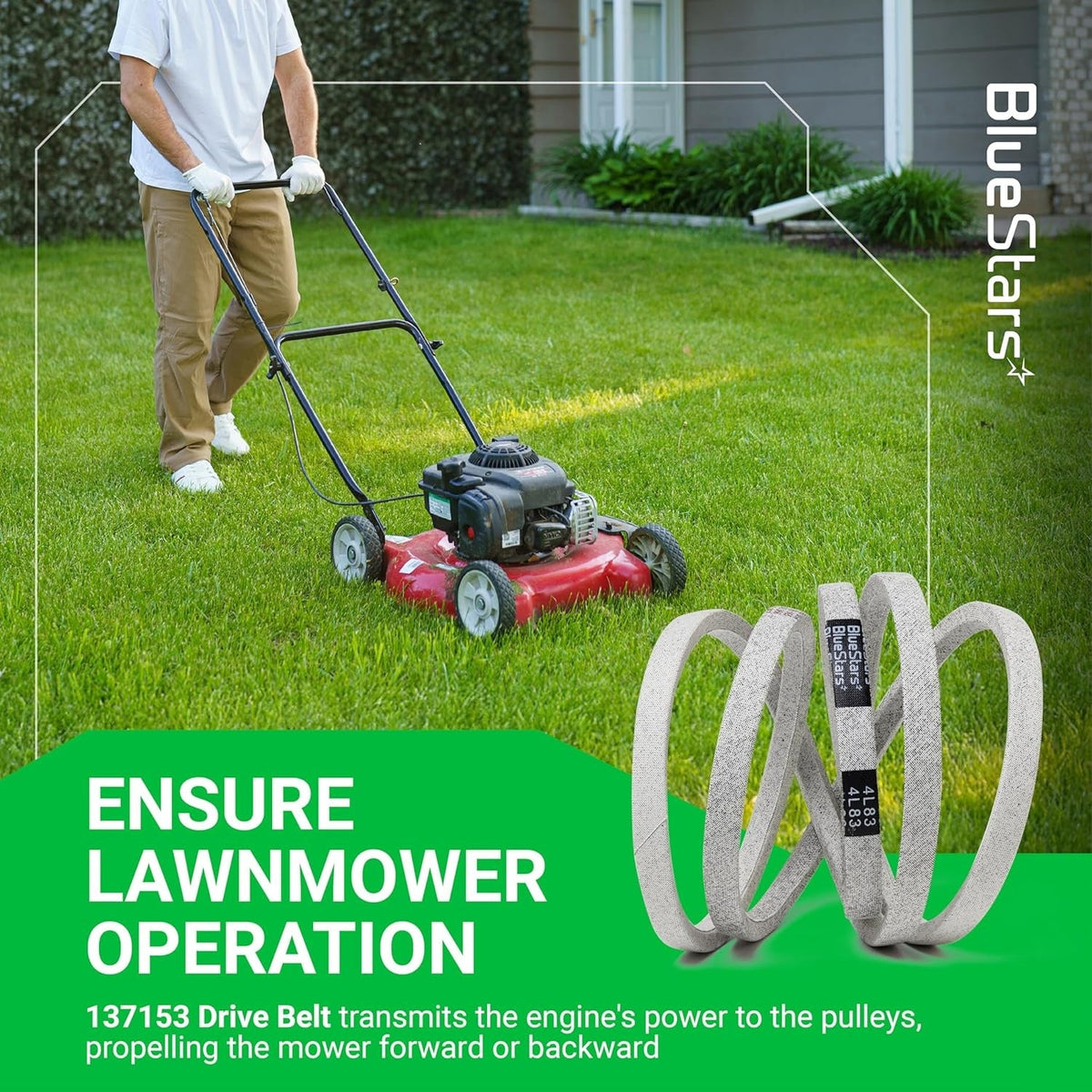 137153 mower drive belt shown with a lawnmower in a yard to demonstrate its function in propelling the mower.