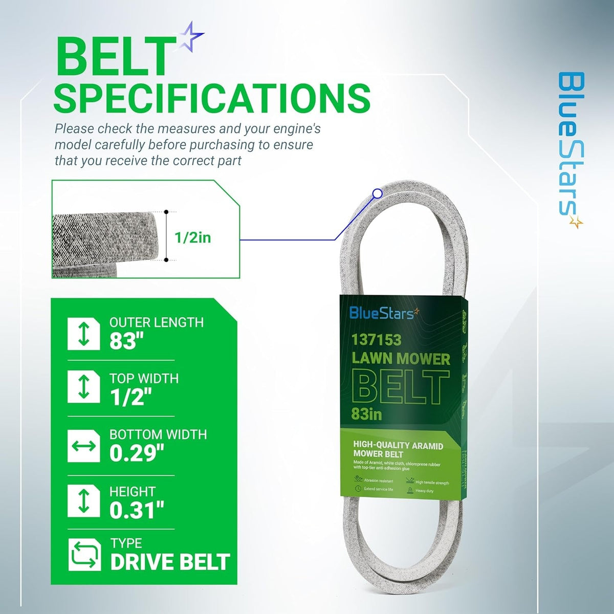Infographic showing 137153 mower drive belt specifications including 83-inch length and 1/2-inch width dimensions.