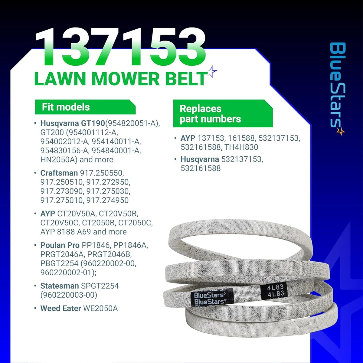 137153 lawn mower drive belt replacement with compatibility and part number information chart.