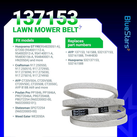 137153 lawn mower drive belt replacement with compatibility and part number information chart.