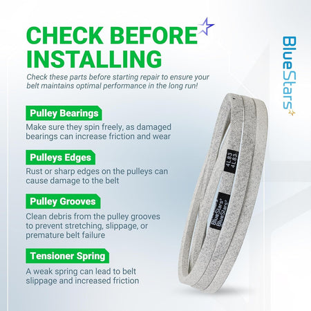 Informational graphic showing 137153 mower drive belt installation tips for pulley bearings, edges, grooves, and springs.
