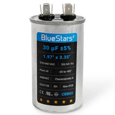 30 uF 370V/440V CBB65 round motor run capacitor with terminal connectors and product label.