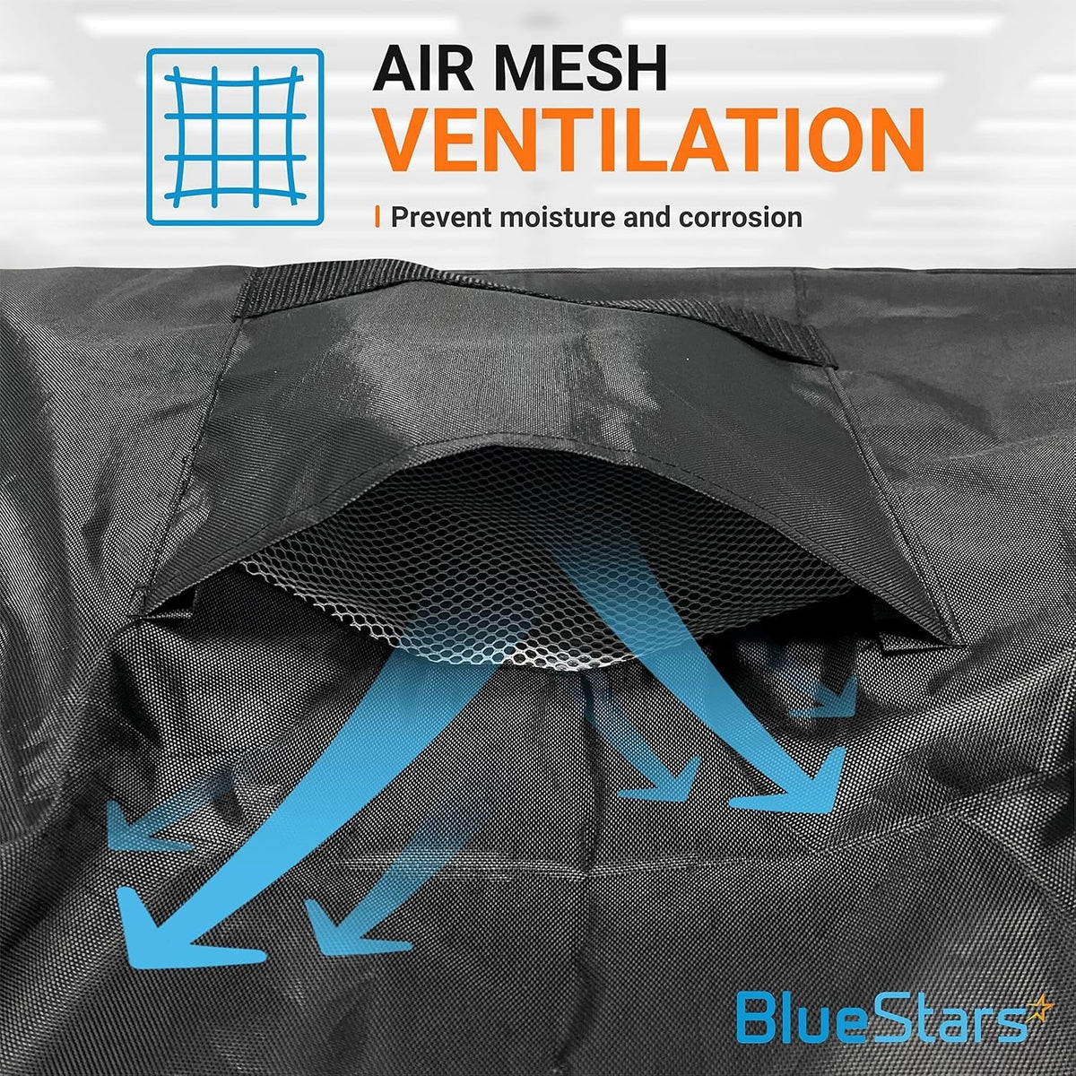 Close-up of air mesh ventilation vent on black waterproof outdoor AC unit cover to prevent moisture and corrosion.