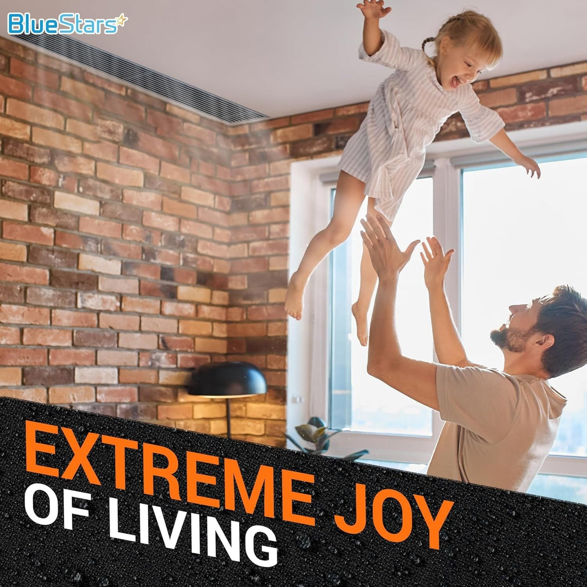Lifestyle image showing a father playing with his daughter in a living room with the text Extreme Joy of Living.