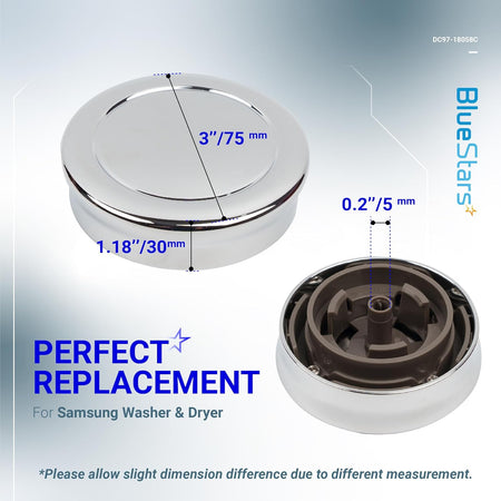 DC97-18058C Samsung washer and dryer control knob showing front and back dimensions in inches and millimeters.