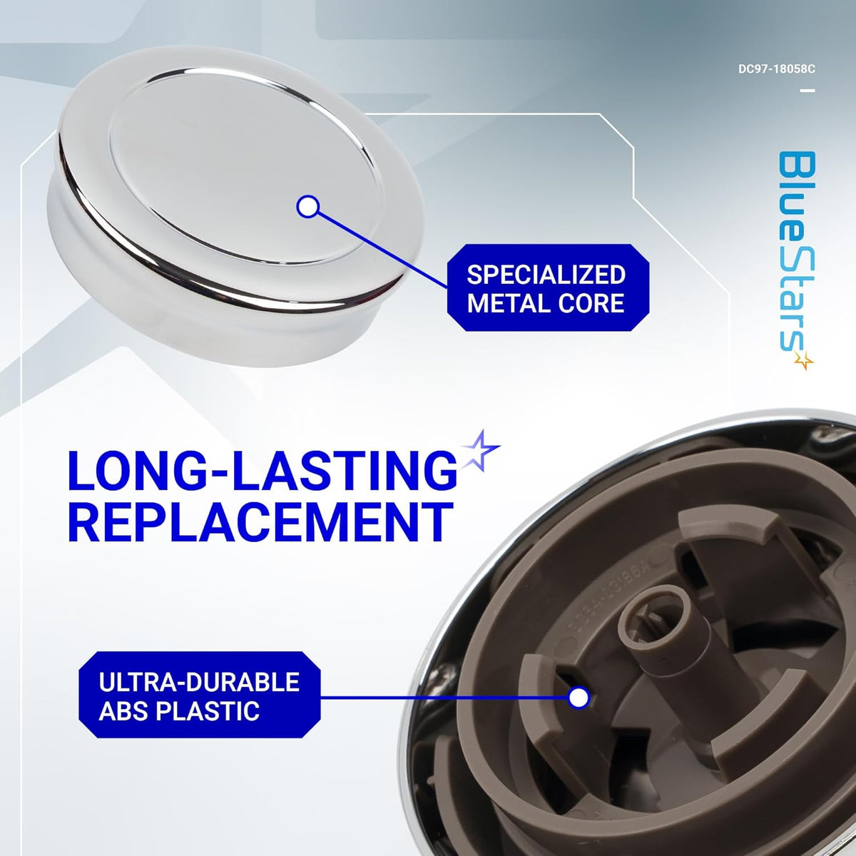 Samsung washer and dryer control knob replacement showing metal core and durable ABS plastic construction.
