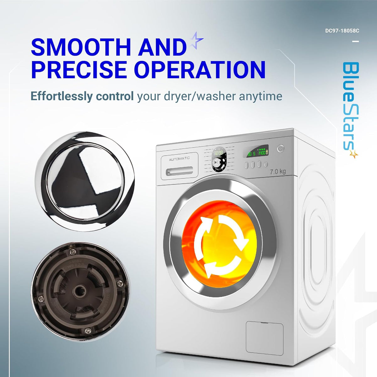 DC97-18058C control knob for Samsung washer and dryer, showing front and back views with a washing machine illustration.