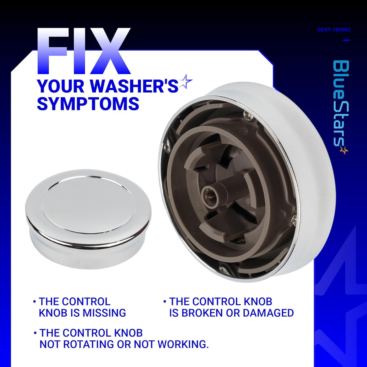 Front and back view of DC97-18058C Samsung washer and dryer control knob replacement part.