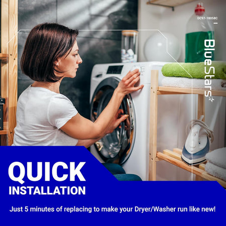 Woman installing a DC97-18058C control knob on a Samsung washer or dryer for quick repair.