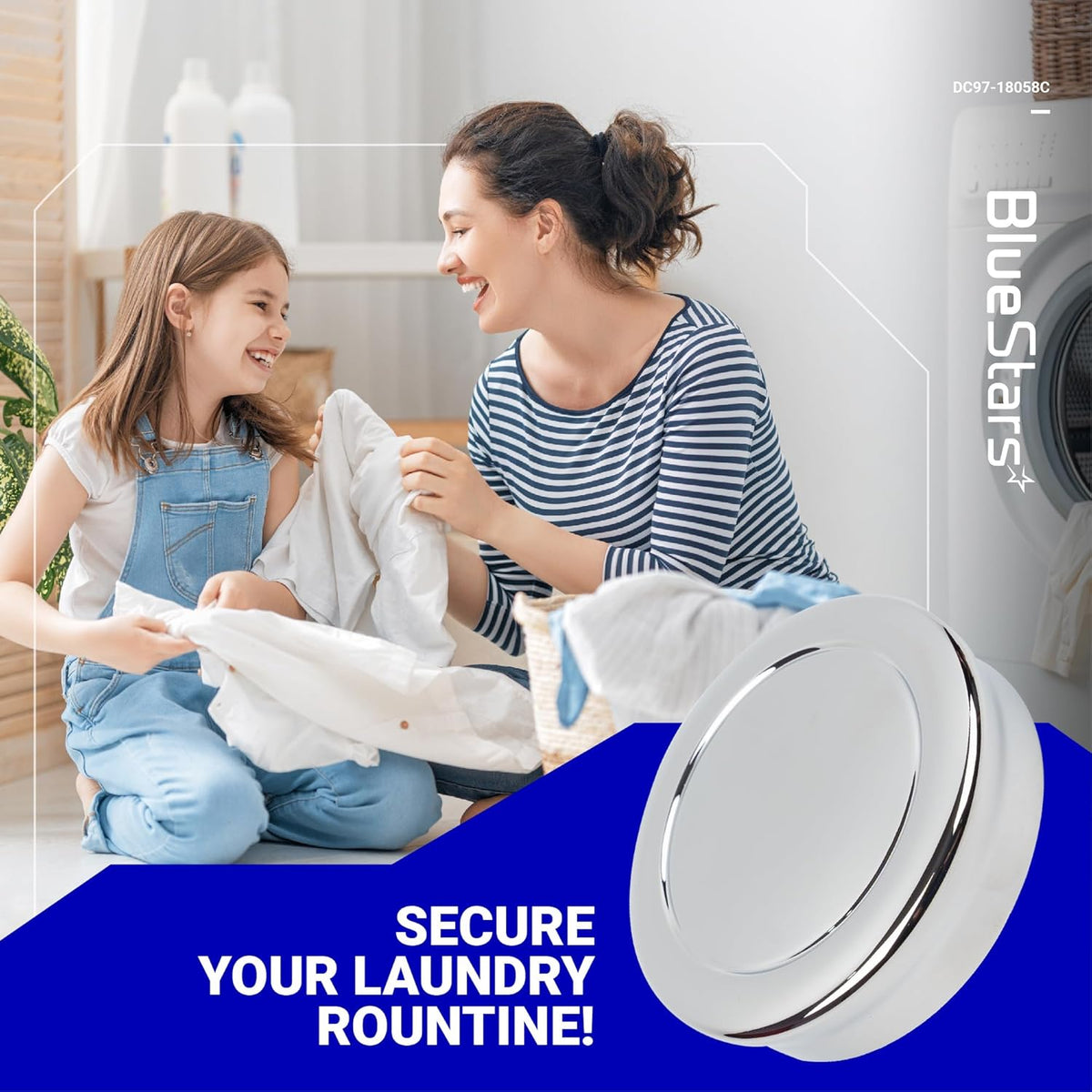 DC97-18058C replacement control knob for Samsung washer and dryer in a lifestyle marketing graphic.