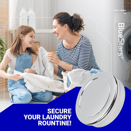 DC97-18058C replacement control knob for Samsung washer and dryer in a lifestyle marketing graphic.